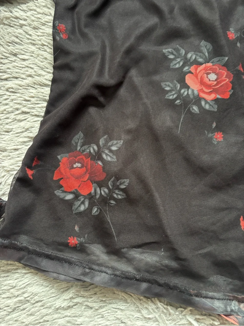 Missguided + Black Sheer Mesh Long-Sleeve Top with Red Rose Print size 4